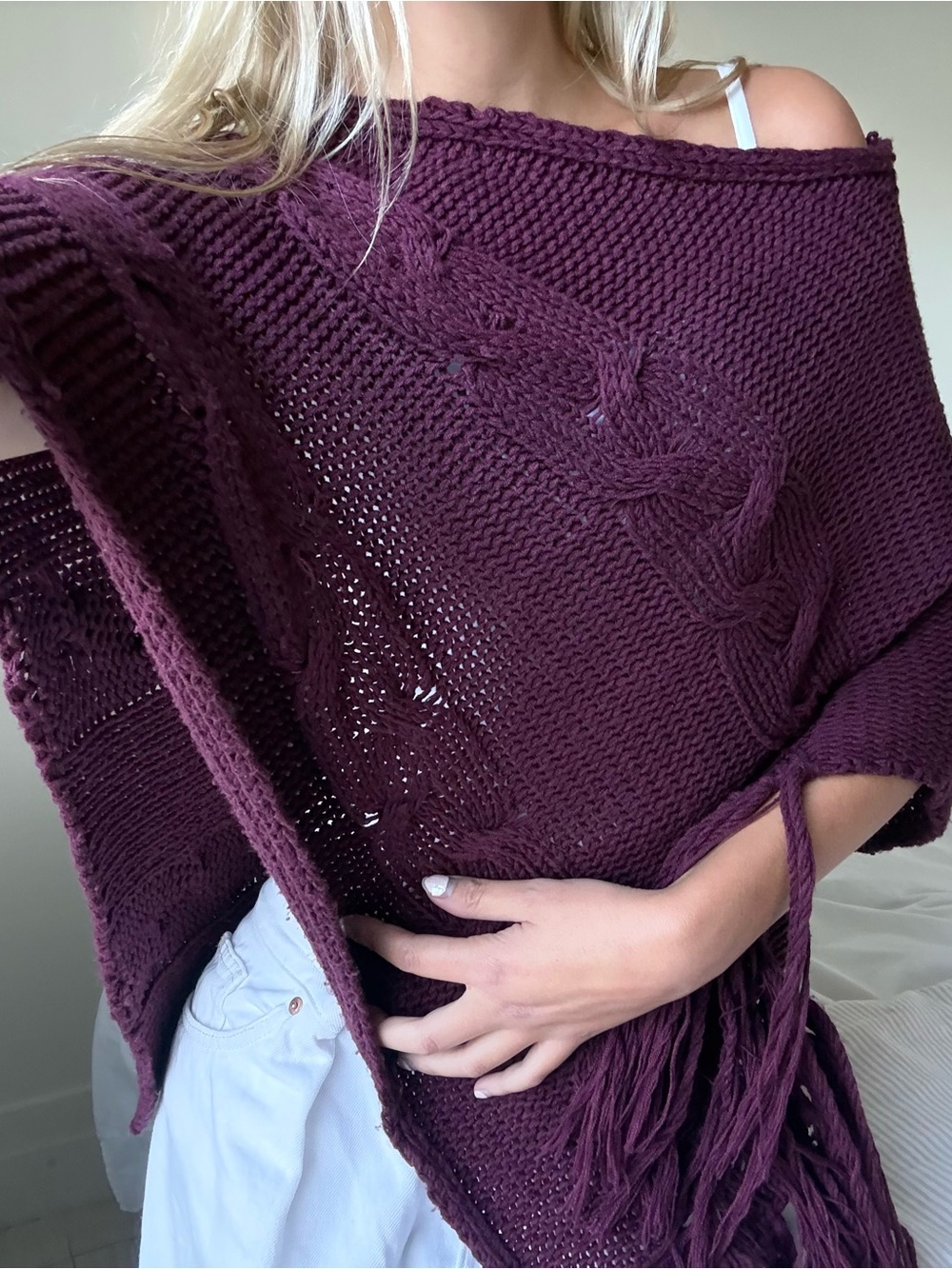 Off-Shoulder Cable-Knit Fringe Poncho sweater burgundy